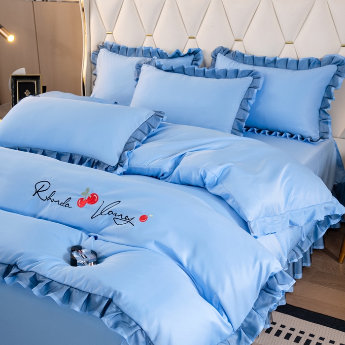 91家纺网 家纺一手货源 找家纺 畅畅家纺 2026新款水洗天丝纯色刺绣四件套床品套件 初夏天蓝