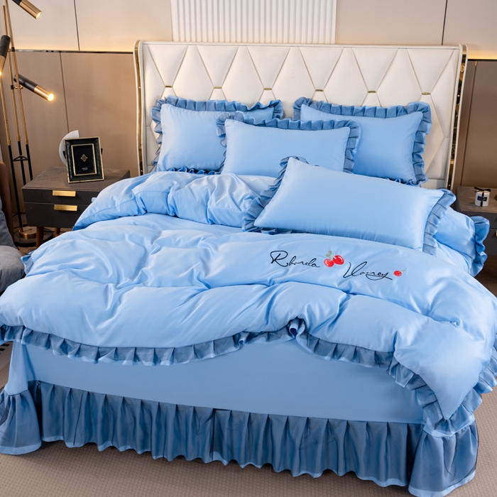 91家纺网 家纺一手货源 找家纺 畅畅家纺 2026新款水洗天丝纯色刺绣四件套床品套件 初夏天蓝