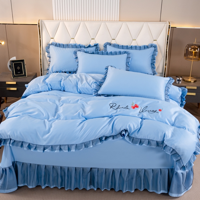 畅畅家纺 2026新款水洗天丝纯色刺绣四件套床品套件 初夏天蓝