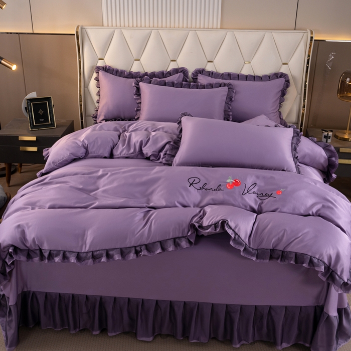 畅畅家纺 2026新款水洗天丝纯色刺绣四件套床品套件 初夏雾霾紫