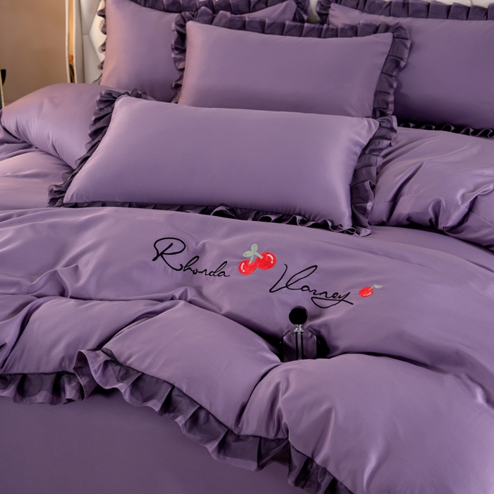 91家纺网 家纺一手货源 找家纺 畅畅家纺 2026新款水洗天丝纯色刺绣四件套床品套件 初夏雾霾紫