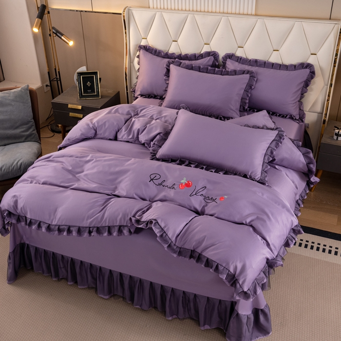 91家纺网 家纺一手货源 找家纺 畅畅家纺 2026新款水洗天丝纯色刺绣四件套床品套件 初夏雾霾紫