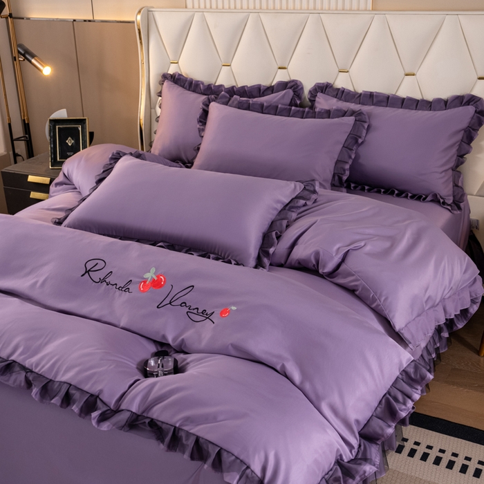 91家纺网 家纺一手货源 找家纺 畅畅家纺 2026新款水洗天丝纯色刺绣四件套床品套件 初夏雾霾紫