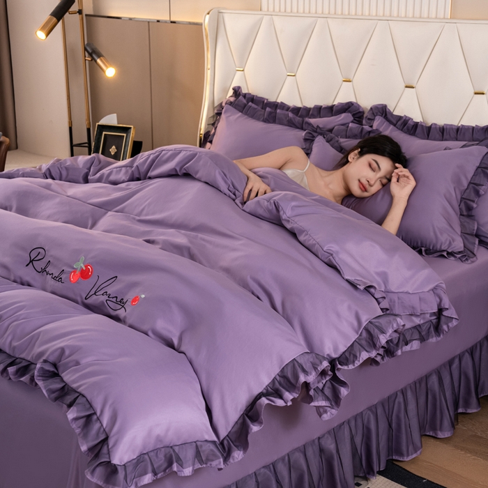 91家纺网 家纺一手货源 找家纺 畅畅家纺 2026新款水洗天丝纯色刺绣四件套床品套件 初夏雾霾紫