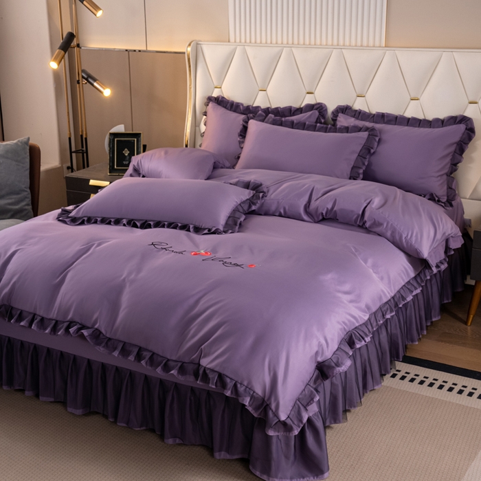 91家纺网 家纺一手货源 找家纺 畅畅家纺 2026新款水洗天丝纯色刺绣四件套床品套件 初夏雾霾紫