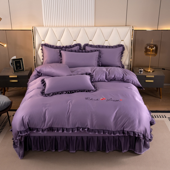 91家纺网 家纺一手货源 找家纺 畅畅家纺 2026新款水洗天丝纯色刺绣四件套床品套件 初夏雾霾紫