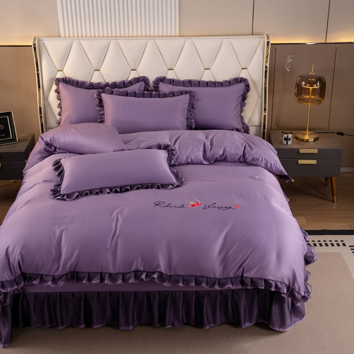 91家纺网 家纺一手货源 找家纺 畅畅家纺 2026新款水洗天丝纯色刺绣四件套床品套件 初夏雾霾紫