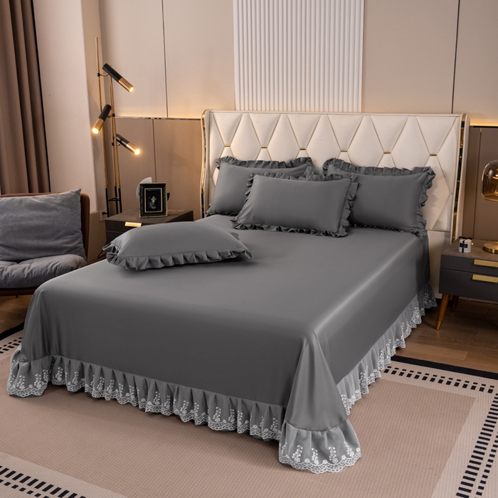 91家纺网 家纺一手货源 找家纺 畅畅家纺 2026新款水洗天丝纯色刺绣四件套床品套件 盛夏灰