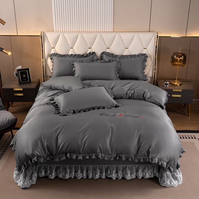 91家纺网 家纺一手货源 找家纺 畅畅家纺 2026新款水洗天丝纯色刺绣四件套床品套件 盛夏灰