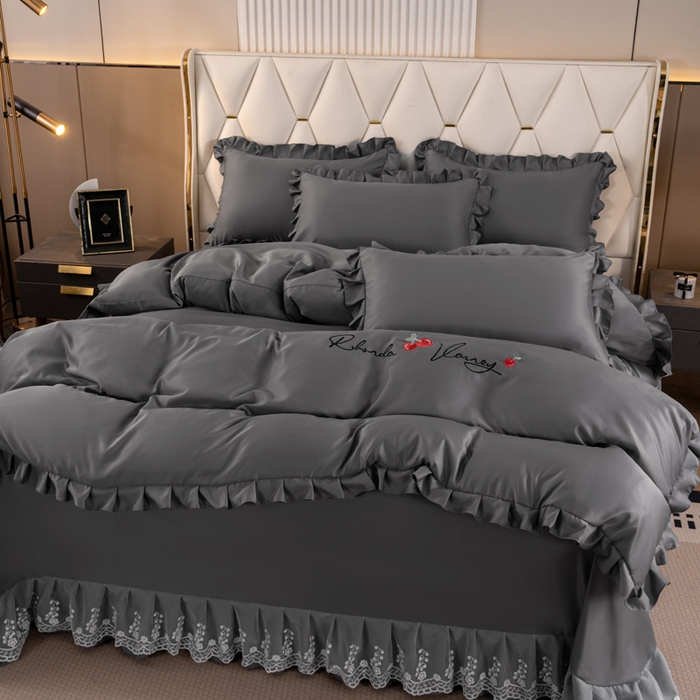 91家纺网 家纺一手货源 找家纺 畅畅家纺 2026新款水洗天丝纯色刺绣四件套床品套件 盛夏灰