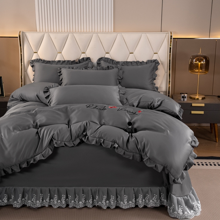 91家纺网 家纺一手货源 找家纺 畅畅家纺 2026新款水洗天丝纯色刺绣四件套床品套件 盛夏灰