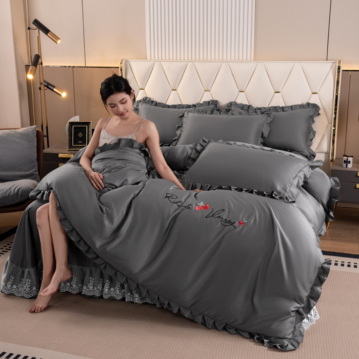 91家纺网 家纺一手货源 找家纺 畅畅家纺 2026新款水洗天丝纯色刺绣四件套床品套件 盛夏灰