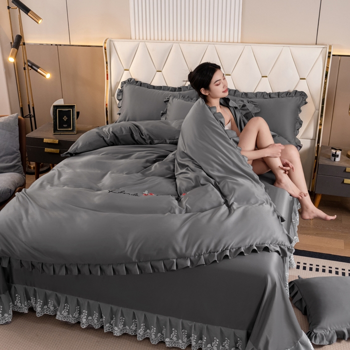 91家纺网 家纺一手货源 找家纺 畅畅家纺 2026新款水洗天丝纯色刺绣四件套床品套件 盛夏灰