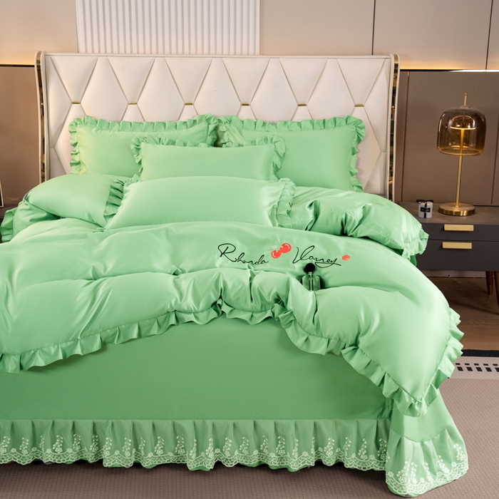 91家纺网 家纺一手货源 找家纺 畅畅家纺 2026新款水洗天丝纯色刺绣四件套床品套件 盛夏抹茶绿