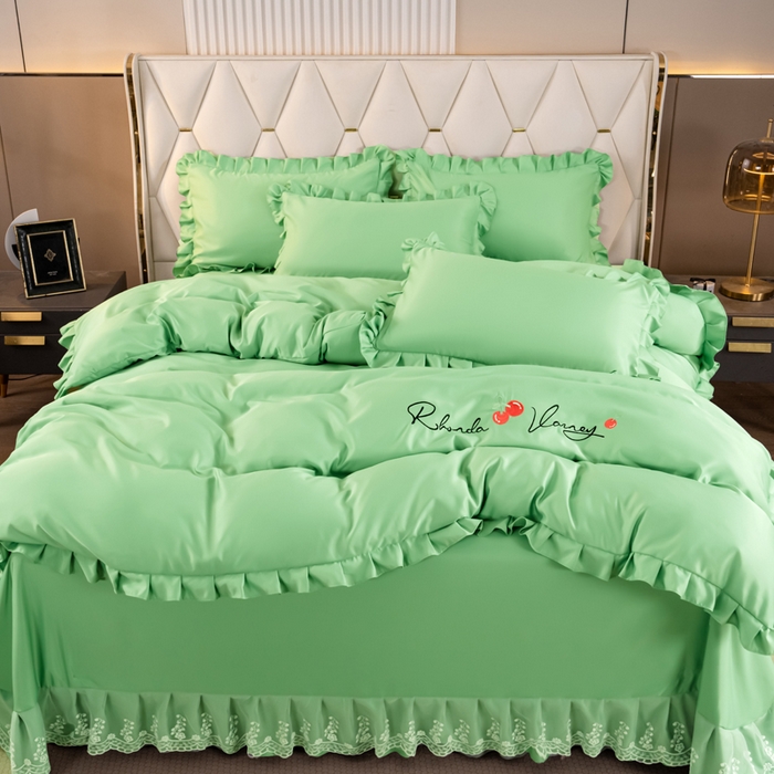 畅畅家纺 2026新款水洗天丝纯色刺绣四件套床品套件 盛夏抹茶绿