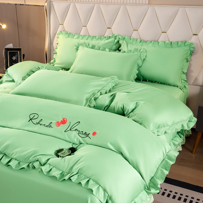 91家纺网 家纺一手货源 找家纺 畅畅家纺 2026新款水洗天丝纯色刺绣四件套床品套件 盛夏抹茶绿