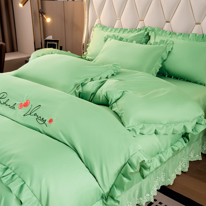 91家纺网 家纺一手货源 找家纺 畅畅家纺 2026新款水洗天丝纯色刺绣四件套床品套件 盛夏抹茶绿