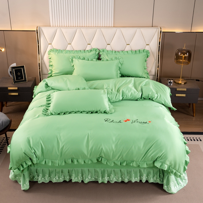 91家纺网 家纺一手货源 找家纺 畅畅家纺 2026新款水洗天丝纯色刺绣四件套床品套件 盛夏抹茶绿