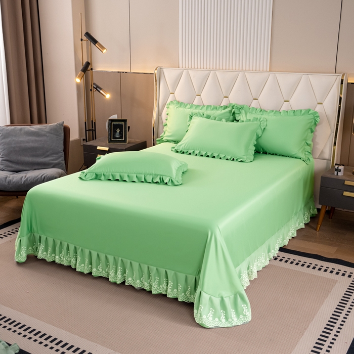 91家纺网 家纺一手货源 找家纺 畅畅家纺 2026新款水洗天丝纯色刺绣四件套床品套件 盛夏抹茶绿