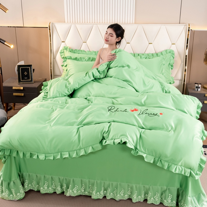 91家纺网 家纺一手货源 找家纺 畅畅家纺 2026新款水洗天丝纯色刺绣四件套床品套件 盛夏抹茶绿