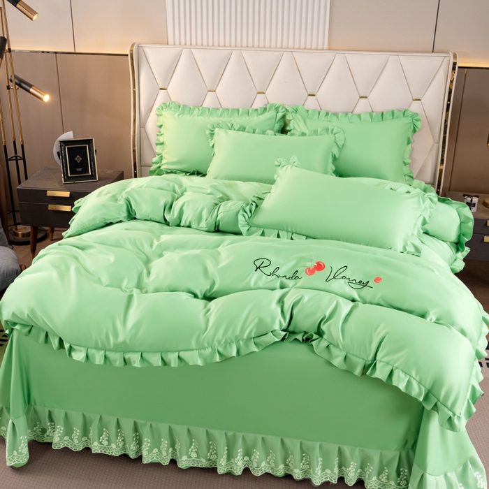 91家纺网 家纺一手货源 找家纺 畅畅家纺 2026新款水洗天丝纯色刺绣四件套床品套件 盛夏抹茶绿