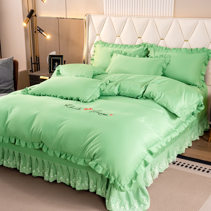 91家纺网 家纺一手货源 找家纺 畅畅家纺 2026新款水洗天丝纯色刺绣四件套床品套件 盛夏抹茶绿