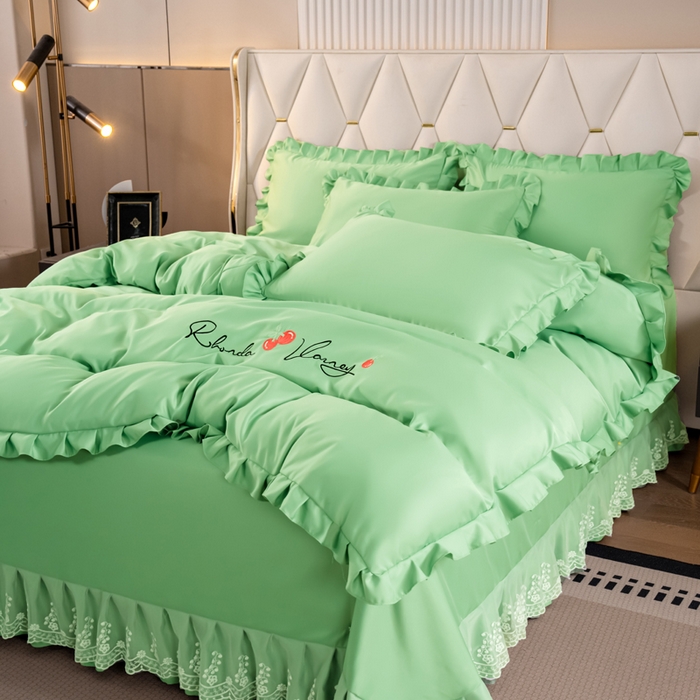 91家纺网 家纺一手货源 找家纺 畅畅家纺 2026新款水洗天丝纯色刺绣四件套床品套件 盛夏抹茶绿