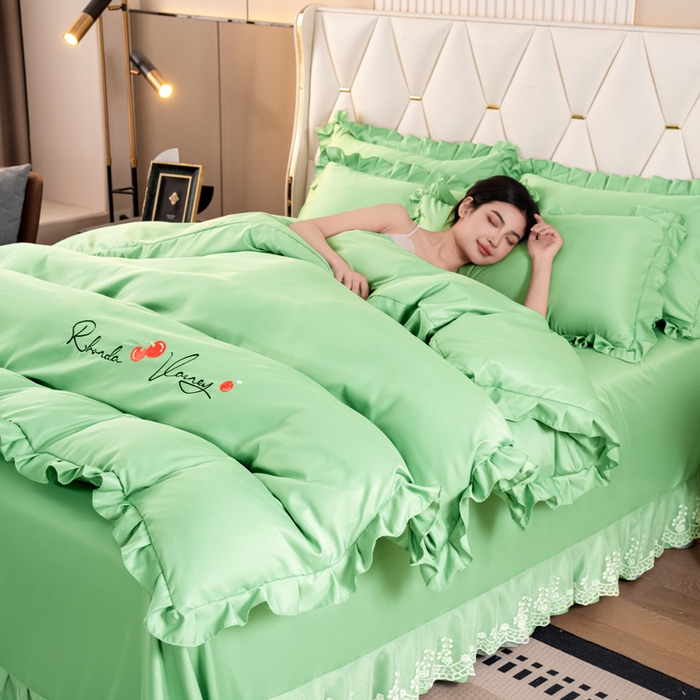 91家纺网 家纺一手货源 找家纺 畅畅家纺 2026新款水洗天丝纯色刺绣四件套床品套件 盛夏抹茶绿