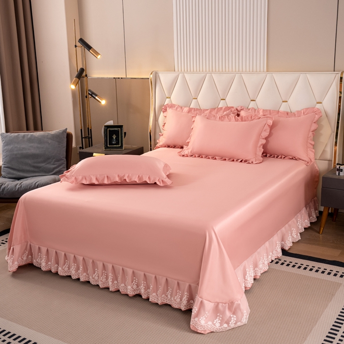 91家纺网 家纺一手货源 找家纺 畅畅家纺 2026新款水洗天丝纯色刺绣四件套床品套件 盛夏浅豆沙