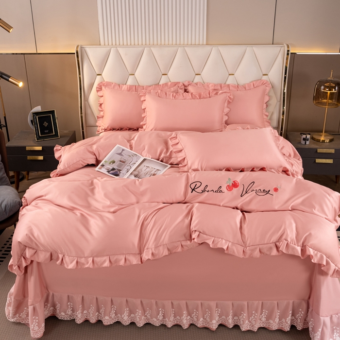 畅畅家纺 2026新款水洗天丝纯色刺绣四件套床品套件 盛夏浅豆沙