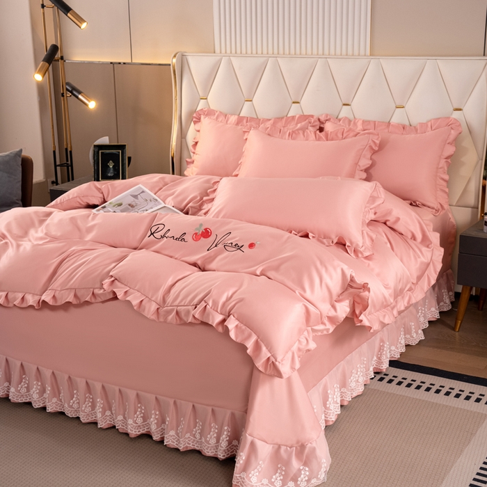 91家纺网 家纺一手货源 找家纺 畅畅家纺 2026新款水洗天丝纯色刺绣四件套床品套件 盛夏浅豆沙