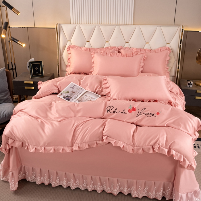 91家纺网 家纺一手货源 找家纺 畅畅家纺 2026新款水洗天丝纯色刺绣四件套床品套件 盛夏浅豆沙