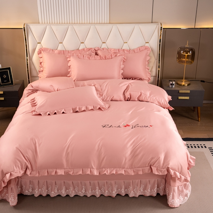 91家纺网 家纺一手货源 找家纺 畅畅家纺 2026新款水洗天丝纯色刺绣四件套床品套件 盛夏浅豆沙