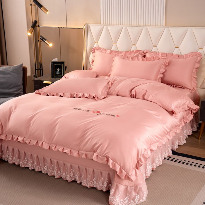 91家纺网 家纺一手货源 找家纺 畅畅家纺 2026新款水洗天丝纯色刺绣四件套床品套件 盛夏浅豆沙