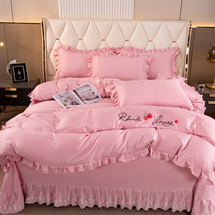 畅畅家纺 2026新款水洗天丝纯色刺绣四件套床品套件 盛夏浅粉