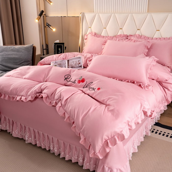 91家纺网 家纺一手货源 找家纺 畅畅家纺 2026新款水洗天丝纯色刺绣四件套床品套件 盛夏浅粉