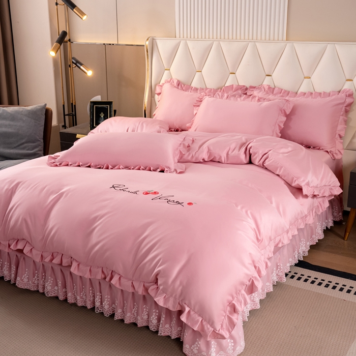 91家纺网 家纺一手货源 找家纺 畅畅家纺 2026新款水洗天丝纯色刺绣四件套床品套件 盛夏浅粉