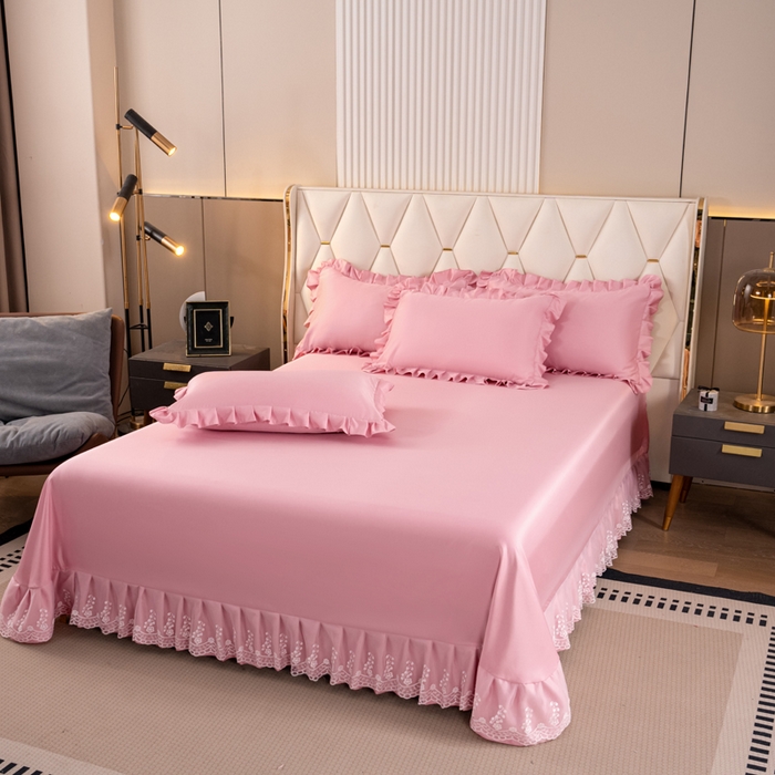 91家纺网 家纺一手货源 找家纺 畅畅家纺 2026新款水洗天丝纯色刺绣四件套床品套件 盛夏浅粉