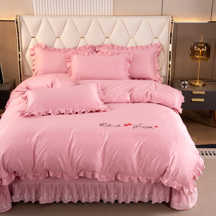 91家纺网 家纺一手货源 找家纺 畅畅家纺 2026新款水洗天丝纯色刺绣四件套床品套件 盛夏浅粉