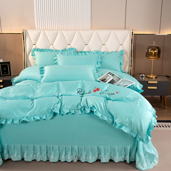 91家纺网 家纺一手货源 找家纺 畅畅家纺 2026新款水洗天丝纯色刺绣四件套床品套件 盛夏浅蓝