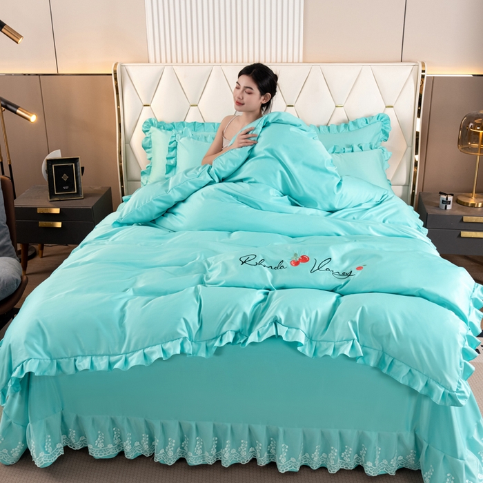 91家纺网 家纺一手货源 找家纺 畅畅家纺 2026新款水洗天丝纯色刺绣四件套床品套件 盛夏浅蓝