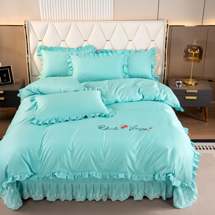 91家纺网 家纺一手货源 找家纺 畅畅家纺 2026新款水洗天丝纯色刺绣四件套床品套件 盛夏浅蓝