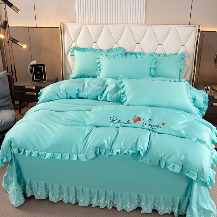 91家纺网 家纺一手货源 找家纺 畅畅家纺 2026新款水洗天丝纯色刺绣四件套床品套件 盛夏浅蓝