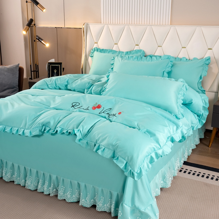 91家纺网 家纺一手货源 找家纺 畅畅家纺 2026新款水洗天丝纯色刺绣四件套床品套件 盛夏浅蓝