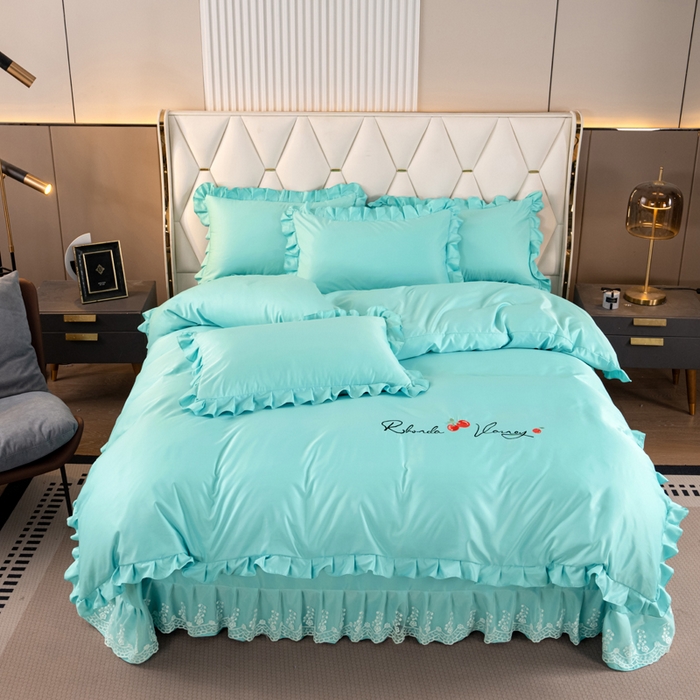 91家纺网 家纺一手货源 找家纺 畅畅家纺 2026新款水洗天丝纯色刺绣四件套床品套件 盛夏浅蓝