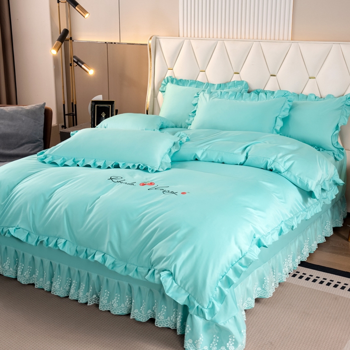 91家纺网 家纺一手货源 找家纺 畅畅家纺 2026新款水洗天丝纯色刺绣四件套床品套件 盛夏浅蓝