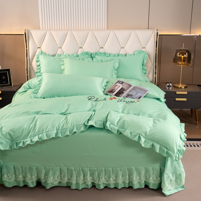 91家纺网 家纺一手货源 找家纺 畅畅家纺 2026新款水洗天丝纯色刺绣四件套床品套件 盛夏浅绿