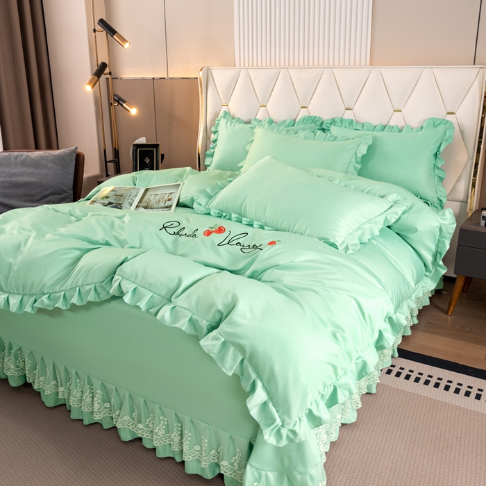 91家纺网 家纺一手货源 找家纺 畅畅家纺 2026新款水洗天丝纯色刺绣四件套床品套件 盛夏浅绿