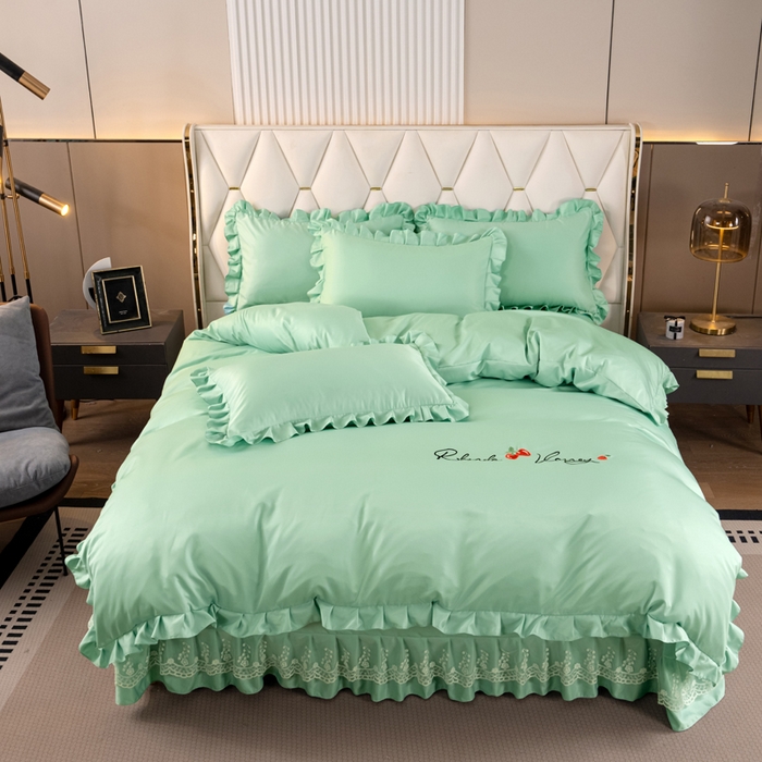 91家纺网 家纺一手货源 找家纺 畅畅家纺 2026新款水洗天丝纯色刺绣四件套床品套件 盛夏浅绿