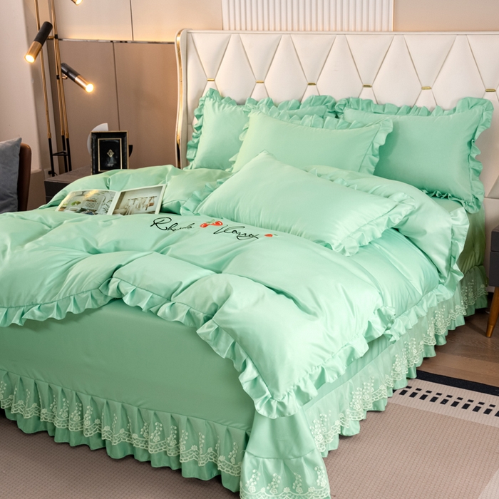 91家纺网 家纺一手货源 找家纺 畅畅家纺 2026新款水洗天丝纯色刺绣四件套床品套件 盛夏浅绿